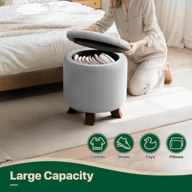 Alt view image 7 of 7 - Round Ottoman with Storage, Small Foot Rest Stool with Legs, 15.5 Dia. x 17 H Inches Upholstered Ottoman with Storage for Living Room, Bedroom, Light Gray