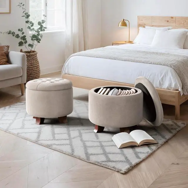 Alt view image 2 of 7 - Round Ottoman with Storage, Small Foot Rest Stool with Legs, 20 Dia. x 17 H Inches Upholstered Ottoman with Storage for Living Room, Bedroom, Beige