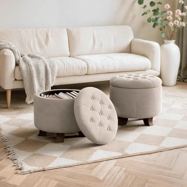 Alt view image 4 of 7 - Round Ottoman with Storage, Small Foot Rest Stool with Legs, 20 Dia. x 17 H Inches Upholstered Ottoman with Storage for Living Room, Bedroom, Beige