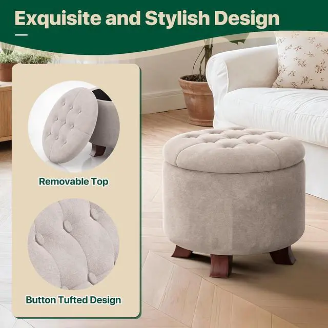 Alt view image 5 of 7 - Round Ottoman with Storage, Small Foot Rest Stool with Legs, 20 Dia. x 17 H Inches Upholstered Ottoman with Storage for Living Room, Bedroom, Beige