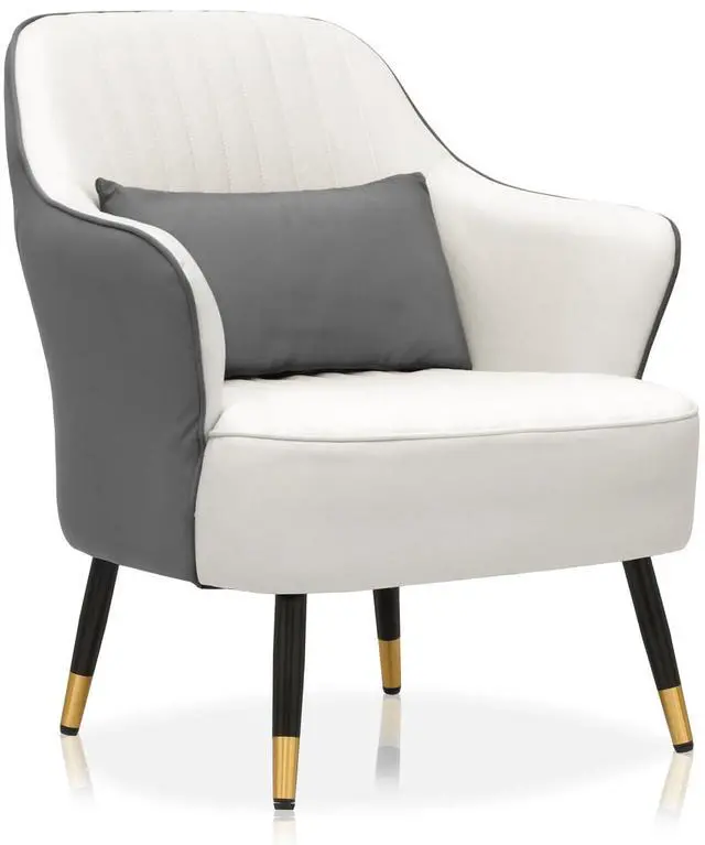 Main image of Accent Upholstered Chair for Living Room & Bedroom, Mid-Century Modern Leather Sofa Chair with Lumbar Pillow for Reading, Metal Legs in White & Gray Contrasting Colors