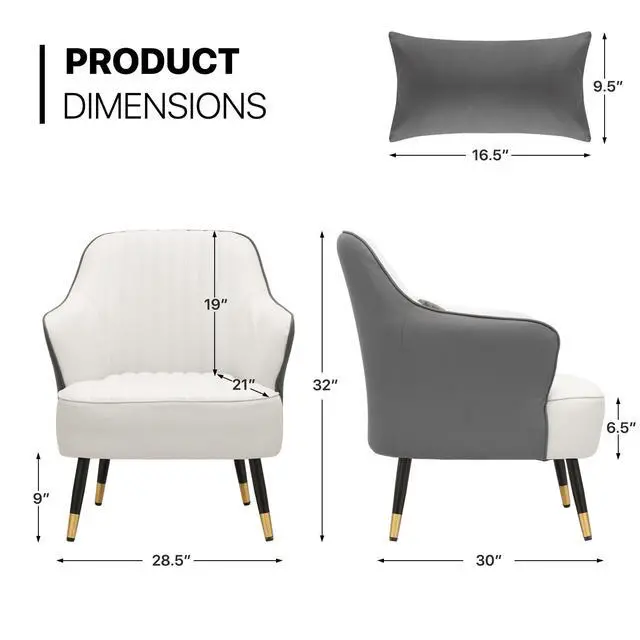 Alt view image 3 of 7 - Accent Upholstered Chair for Living Room & Bedroom, Mid-Century Modern Leather Sofa Chair with Lumbar Pillow for Reading, Metal Legs in White & Gray Contrasting Colors