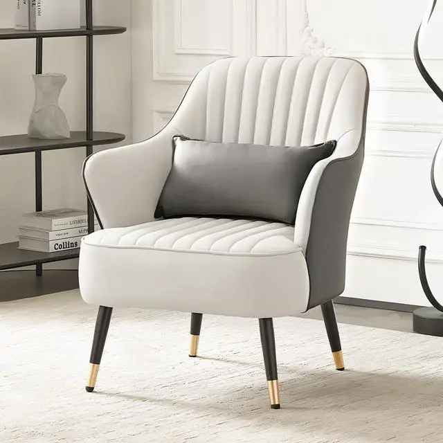 Alt view image 2 of 7 - Accent Upholstered Chair for Living Room & Bedroom, Mid-Century Modern Leather Sofa Chair with Lumbar Pillow for Reading, Metal Legs in White & Gray Contrasting Colors