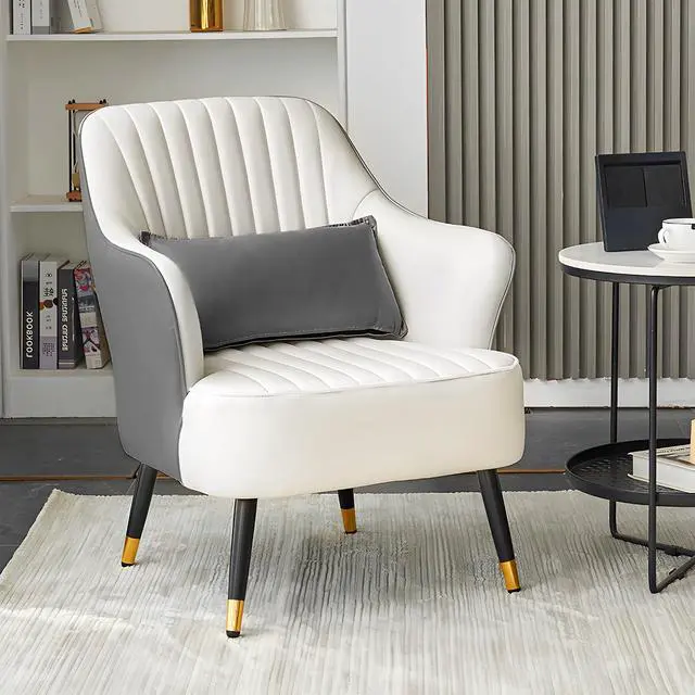Alt view image 4 of 7 - Accent Upholstered Chair for Living Room & Bedroom, Mid-Century Modern Leather Sofa Chair with Lumbar Pillow for Reading, Metal Legs in White & Gray Contrasting Colors