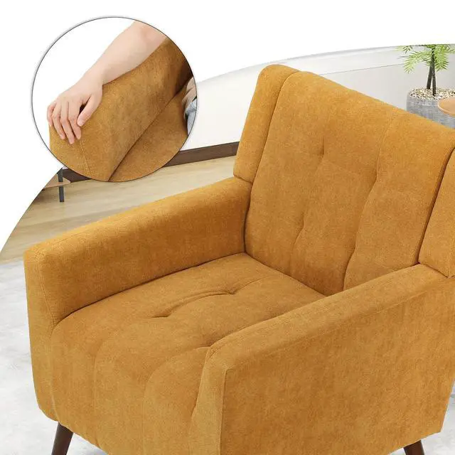 Alt view image 7 of 7 - Mid Century Modern Accent Chair, Upholstered Button Tufted Armchair, Comfy Fabric Living Room Chair for Living Room Bedroom, Waiting Room, Yellow