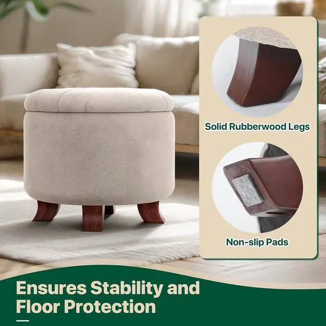 Alt view image 6 of 7 - Round Ottoman with Storage, Small Foot Rest Stool with Legs, 20 Dia. x 17 H Inches Upholstered Ottoman with Storage for Living Room, Bedroom, Beige