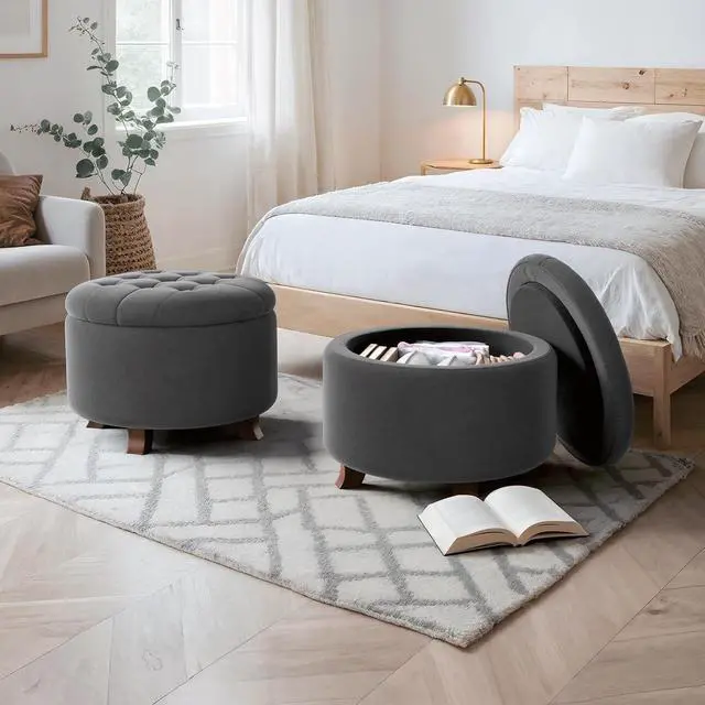 Alt view image 2 of 7 - Round Ottoman with Storage, Small Foot Rest Stool with Legs, 24.5 Dia. x 17 H Inches Upholstered Ottoman with Storage for Living Room, Bedroom, Dark Gray