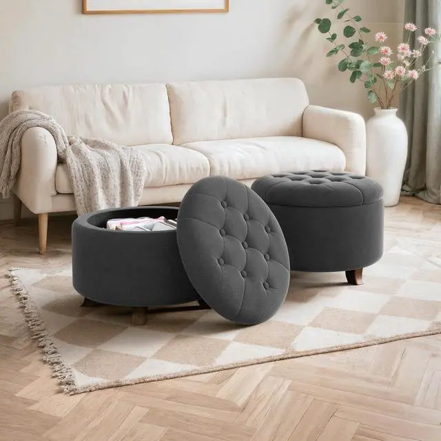 Alt view image 4 of 7 - Round Ottoman with Storage, Small Foot Rest Stool with Legs, 24.5 Dia. x 17 H Inches Upholstered Ottoman with Storage for Living Room, Bedroom, Dark Gray