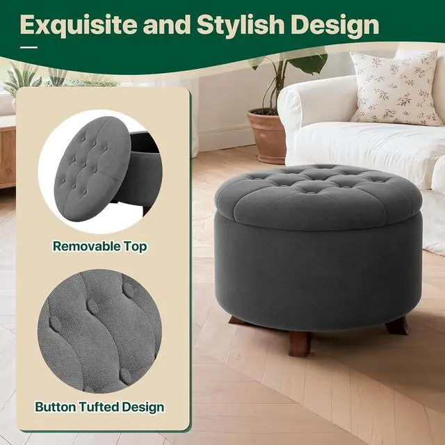 Alt view image 5 of 7 - Round Ottoman with Storage, Small Foot Rest Stool with Legs, 24.5 Dia. x 17 H Inches Upholstered Ottoman with Storage for Living Room, Bedroom, Dark Gray