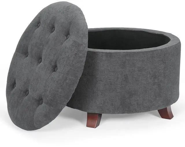 Main image of Round Ottoman with Storage, Small Foot Rest Stool with Legs, 24.5 Dia. x 17 H Inches Upholstered Ottoman with Storage for Living Room, Bedroom, Dark Gray