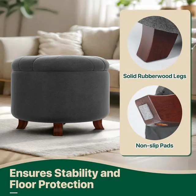 Alt view image 6 of 7 - Round Ottoman with Storage, Small Foot Rest Stool with Legs, 24.5 Dia. x 17 H Inches Upholstered Ottoman with Storage for Living Room, Bedroom, Dark Gray