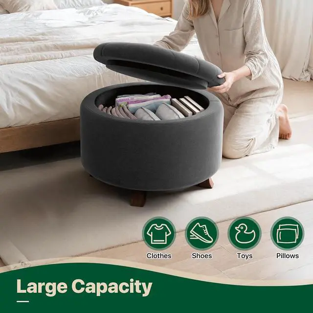 Alt view image 7 of 7 - Round Ottoman with Storage, Small Foot Rest Stool with Legs, 24.5 Dia. x 17 H Inches Upholstered Ottoman with Storage for Living Room, Bedroom, Dark Gray
