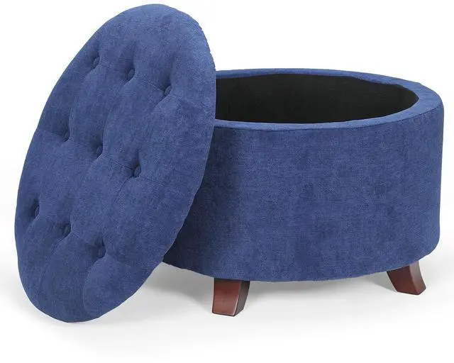 Main image of Round Ottoman with Storage, Small Foot Rest Stool with Legs, 24.5 Dia. x 17 H Inches Upholstered Ottoman with Storage for Living Room, Bedroom, Navy Blue