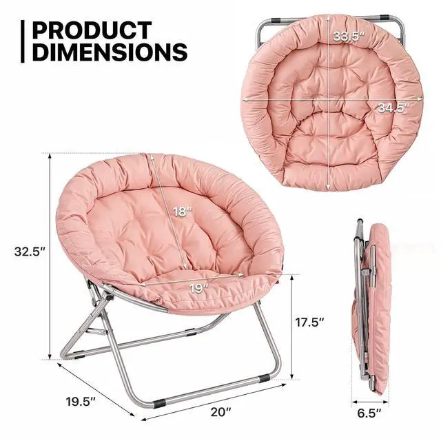 Alt view image 3 of 7 - Round Folding Saucer Chair for Bedroom Living Room Dorm Foldable Metal Frame Comfy Soft Lounge Lazy Cozy Moon Chair for Teens (Pink)