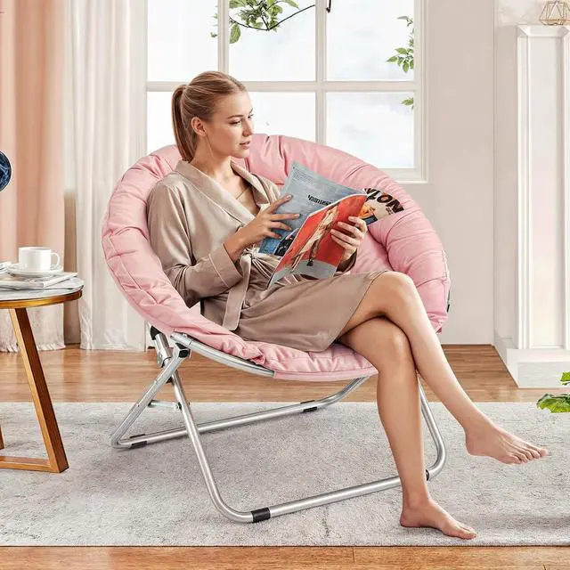 Alt view image 4 of 7 - Round Folding Saucer Chair for Bedroom Living Room Dorm Foldable Metal Frame Comfy Soft Lounge Lazy Cozy Moon Chair for Teens (Pink)