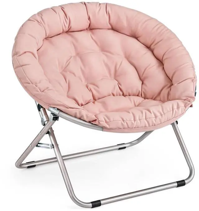 Main image of Round Folding Saucer Chair for Bedroom Living Room Dorm Foldable Metal Frame Comfy Soft Lounge Lazy Cozy Moon Chair for Teens (Pink)