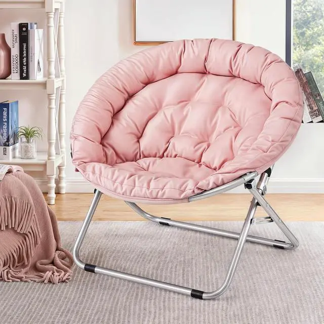 Alt view image 2 of 7 - Round Folding Saucer Chair for Bedroom Living Room Dorm Foldable Metal Frame Comfy Soft Lounge Lazy Cozy Moon Chair for Teens (Pink)