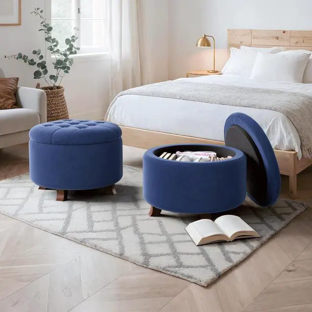 Alt view image 2 of 7 - Round Ottoman with Storage, Small Foot Rest Stool with Legs, 24.5 Dia. x 17 H Inches Upholstered Ottoman with Storage for Living Room, Bedroom, Navy Blue