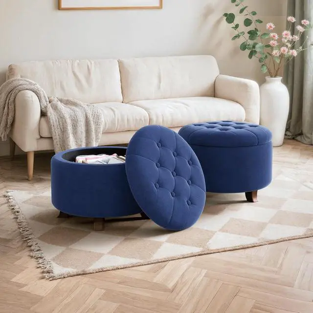 Alt view image 4 of 7 - Round Ottoman with Storage, Small Foot Rest Stool with Legs, 24.5 Dia. x 17 H Inches Upholstered Ottoman with Storage for Living Room, Bedroom, Navy Blue
