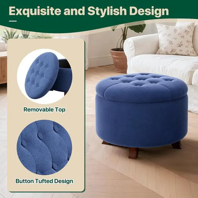 Alt view image 5 of 7 - Round Ottoman with Storage, Small Foot Rest Stool with Legs, 24.5 Dia. x 17 H Inches Upholstered Ottoman with Storage for Living Room, Bedroom, Navy Blue
