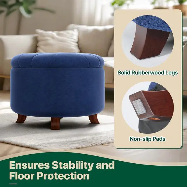 Alt view image 6 of 7 - Round Ottoman with Storage, Small Foot Rest Stool with Legs, 24.5 Dia. x 17 H Inches Upholstered Ottoman with Storage for Living Room, Bedroom, Navy Blue