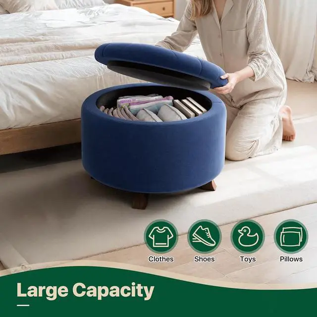 Alt view image 7 of 7 - Round Ottoman with Storage, Small Foot Rest Stool with Legs, 24.5 Dia. x 17 H Inches Upholstered Ottoman with Storage for Living Room, Bedroom, Navy Blue