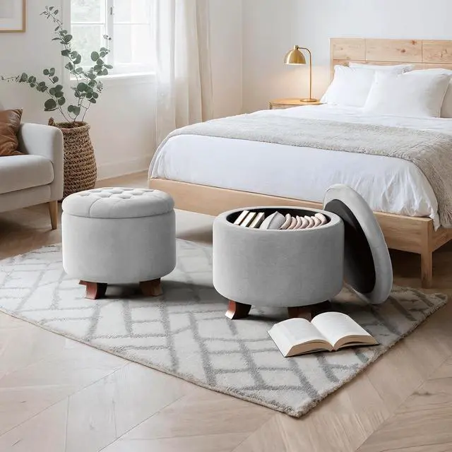 Alt view image 2 of 7 - Round Ottoman with Storage, Small Foot Rest Stool with Legs, 20 Dia. x 17 H Inches Upholstered Ottoman with Storage for Living Room, Bedroom, Light Gray