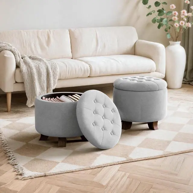 Alt view image 4 of 7 - Round Ottoman with Storage, Small Foot Rest Stool with Legs, 20 Dia. x 17 H Inches Upholstered Ottoman with Storage for Living Room, Bedroom, Light Gray