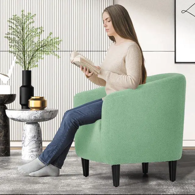 Alt view image 3 of 7 - Accent Barrel Chair, Boucle Fabric Accent Chair, Modern Sherpa Elegant Armchair with Cozy Soft Padded, 300lbs Capacity Compact Sofa Chair for Living Room, Bedroom, Office, Sage Green