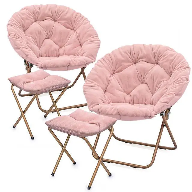 Main image of Round Folding Faux Fur Saucer Chair for Bedroom Living Room Dorm Foldable Metal Frame Oversized Large Comfy Furry Padded Soft Cozy Moon Chair with Footrest Ottoman for Adults (Pink, 2 Set)