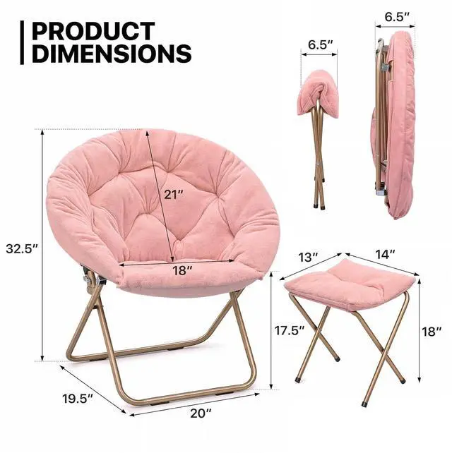 Alt view image 3 of 7 - Round Folding Faux Fur Saucer Chair for Bedroom Living Room Dorm Foldable Metal Frame Oversized Large Comfy Furry Padded Soft Cozy Moon Chair with Footrest Ottoman for Adults (Pink, 2 Set)