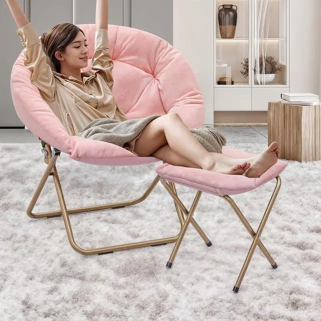 Alt view image 4 of 7 - Round Folding Faux Fur Saucer Chair for Bedroom Living Room Dorm Foldable Metal Frame Oversized Large Comfy Furry Padded Soft Cozy Moon Chair with Footrest Ottoman for Adults (Pink, 2 Set)