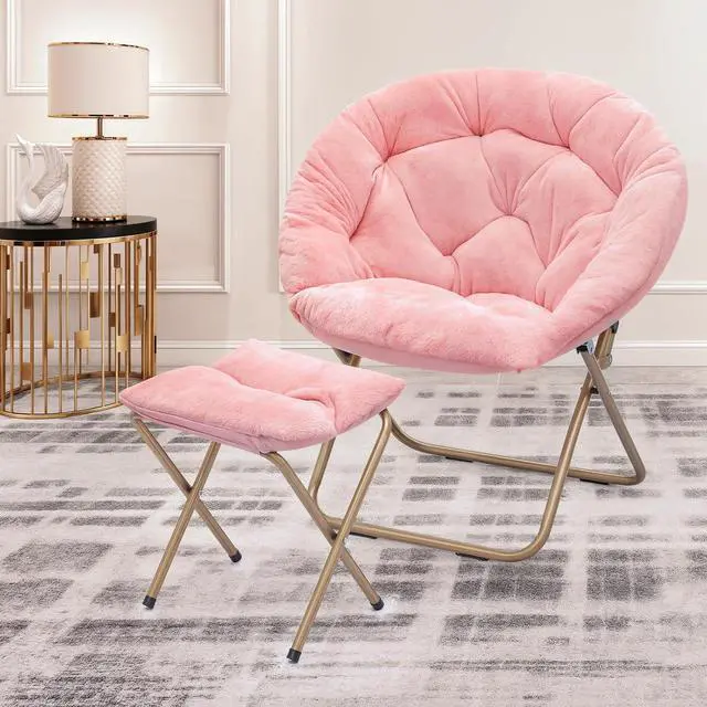 Alt view image 2 of 7 - Round Folding Faux Fur Saucer Chair for Bedroom Living Room Dorm Foldable Metal Frame Oversized Large Comfy Furry Padded Soft Cozy Moon Chair with Footrest Ottoman for Adults (Pink, 2 Set)