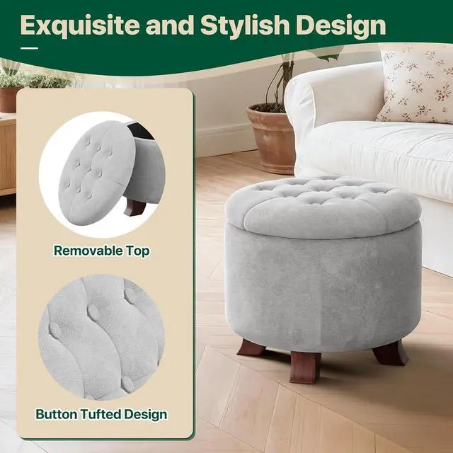 Alt view image 5 of 7 - Round Ottoman with Storage, Small Foot Rest Stool with Legs, 20 Dia. x 17 H Inches Upholstered Ottoman with Storage for Living Room, Bedroom, Light Gray