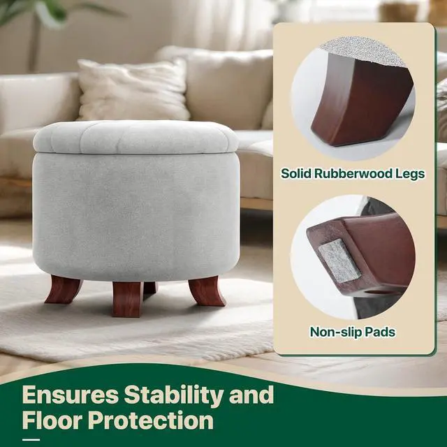 Alt view image 6 of 7 - Round Ottoman with Storage, Small Foot Rest Stool with Legs, 20 Dia. x 17 H Inches Upholstered Ottoman with Storage for Living Room, Bedroom, Light Gray