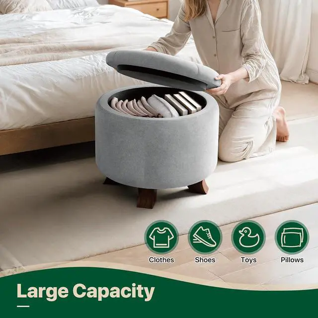 Alt view image 7 of 7 - Round Ottoman with Storage, Small Foot Rest Stool with Legs, 20 Dia. x 17 H Inches Upholstered Ottoman with Storage for Living Room, Bedroom, Light Gray