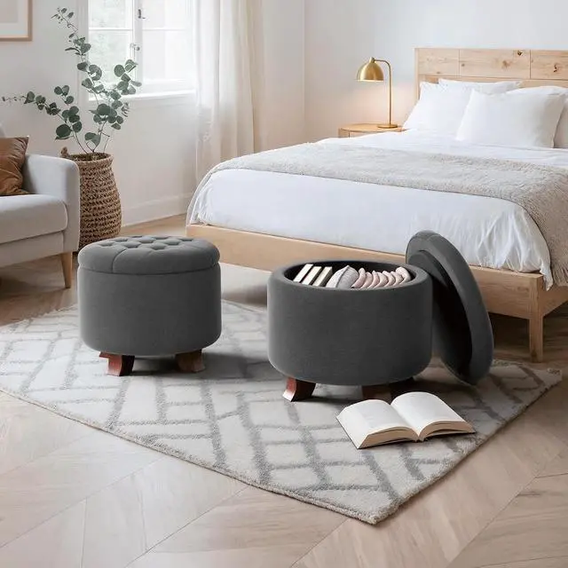 Alt view image 2 of 7 - Round Ottoman with Storage, Small Foot Rest Stool with Legs, 20 Dia. x 17 H Inches Upholstered Ottoman with Storage for Living Room, Bedroom, Dark Gray