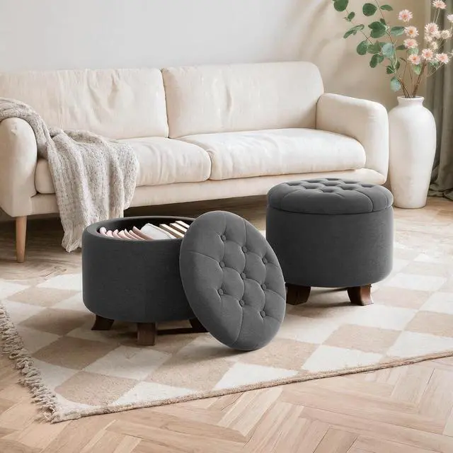 Alt view image 4 of 7 - Round Ottoman with Storage, Small Foot Rest Stool with Legs, 20 Dia. x 17 H Inches Upholstered Ottoman with Storage for Living Room, Bedroom, Dark Gray