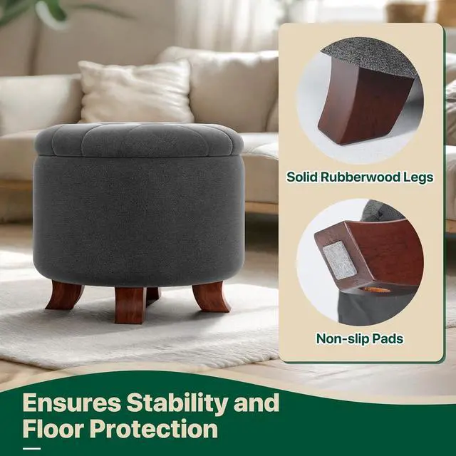 Alt view image 6 of 7 - Round Ottoman with Storage, Small Foot Rest Stool with Legs, 20 Dia. x 17 H Inches Upholstered Ottoman with Storage for Living Room, Bedroom, Dark Gray