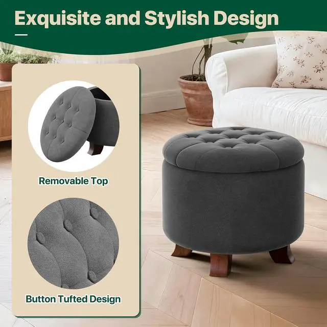 Alt view image 5 of 7 - Round Ottoman with Storage, Small Foot Rest Stool with Legs, 20 Dia. x 17 H Inches Upholstered Ottoman with Storage for Living Room, Bedroom, Dark Gray