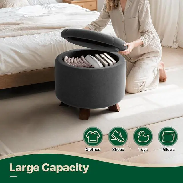 Alt view image 7 of 7 - Round Ottoman with Storage, Small Foot Rest Stool with Legs, 20 Dia. x 17 H Inches Upholstered Ottoman with Storage for Living Room, Bedroom, Dark Gray