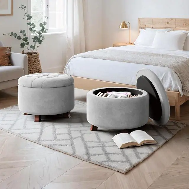 Alt view image 2 of 7 - Round Ottoman with Storage, Small Foot Rest Stool with Legs, 24.5 Dia. x 17 H Inches Upholstered Ottoman with Storage for Living Room, Bedroom, Light Gray