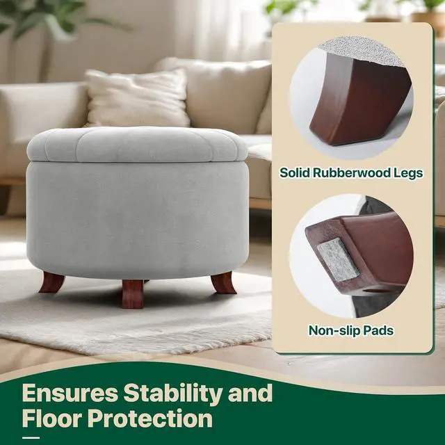 Alt view image 6 of 7 - Round Ottoman with Storage, Small Foot Rest Stool with Legs, 24.5 Dia. x 17 H Inches Upholstered Ottoman with Storage for Living Room, Bedroom, Light Gray