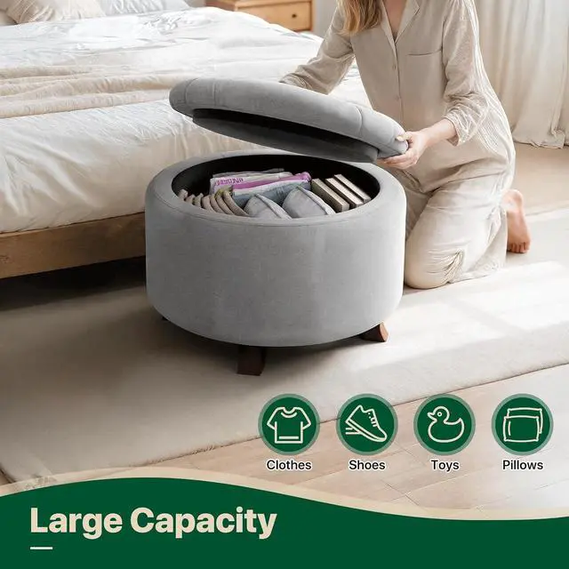 Alt view image 7 of 7 - Round Ottoman with Storage, Small Foot Rest Stool with Legs, 24.5 Dia. x 17 H Inches Upholstered Ottoman with Storage for Living Room, Bedroom, Light Gray