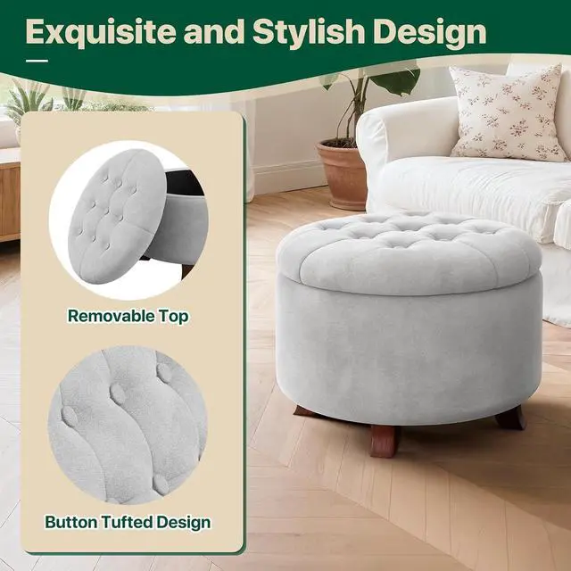 Alt view image 5 of 7 - Round Ottoman with Storage, Small Foot Rest Stool with Legs, 24.5 Dia. x 17 H Inches Upholstered Ottoman with Storage for Living Room, Bedroom, Light Gray