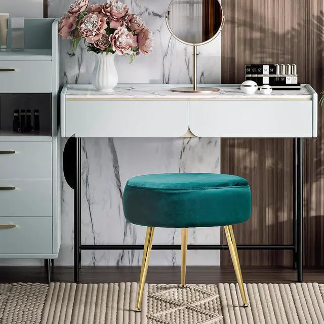 Alt view image 2 of 7 - Vanity Stool with Golden Legs, Green Accent Ottoman for Makeup Room, Round Ottoman Foot Stool, Footrest Chair for Girls' Bedroom, Home Living Room Entryway Stool, 250 lbs Capacity