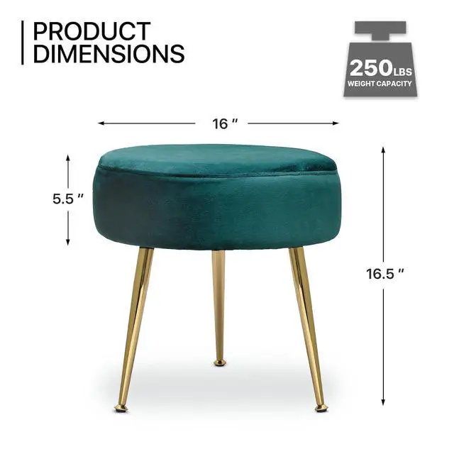 Alt view image 3 of 7 - Vanity Stool with Golden Legs, Green Accent Ottoman for Makeup Room, Round Ottoman Foot Stool, Footrest Chair for Girls' Bedroom, Home Living Room Entryway Stool, 250 lbs Capacity