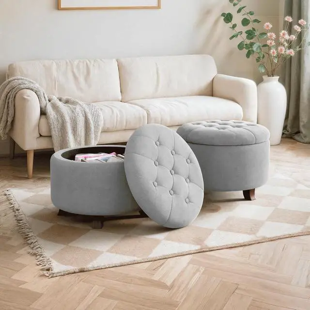 Alt view image 4 of 7 - Round Ottoman with Storage, Small Foot Rest Stool with Legs, 24.5 Dia. x 17 H Inches Upholstered Ottoman with Storage for Living Room, Bedroom, Light Gray