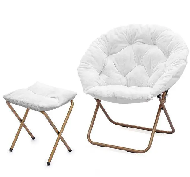 Main image of Round Saucer Chair for Teens and Adults, Faux Fur Living Room Cozy Moon Chairs with Folding Stool (White)