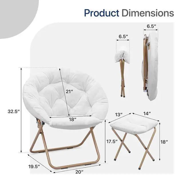 Alt view image 3 of 7 - Round Saucer Chair for Teens and Adults, Faux Fur Living Room Cozy Moon Chairs with Folding Stool (White)